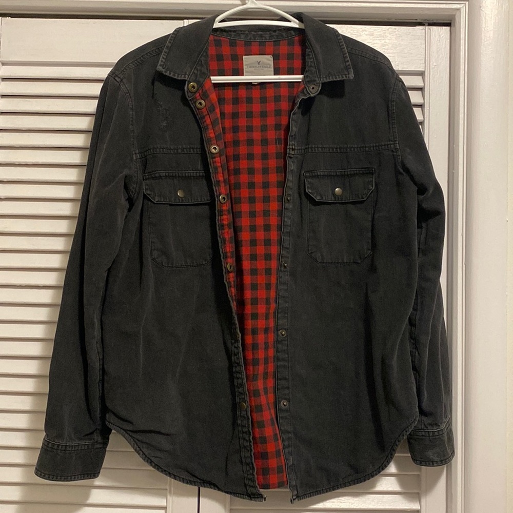 American Eagle Distressed Plaid Lined Shacket